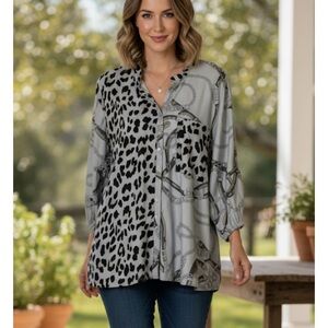 Leopard and Chain Link Print Tunic, Women’s M, Gray Black